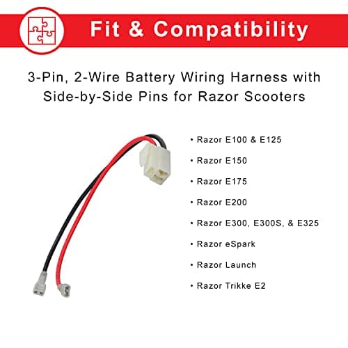AlveyTech Razor Scooter Battery Wiring Harness - 600V 14AWG for E100, E125, E150, E175, E200, E300, E325, eSpark, Trike E2