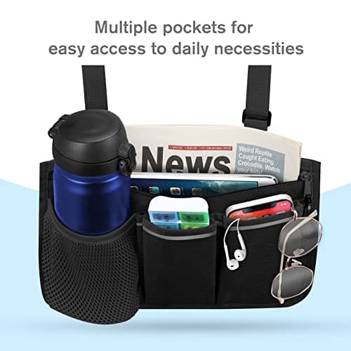 FINPAC Reflective Wheelchair Side Storage Bag with Name Card Slot (Black)