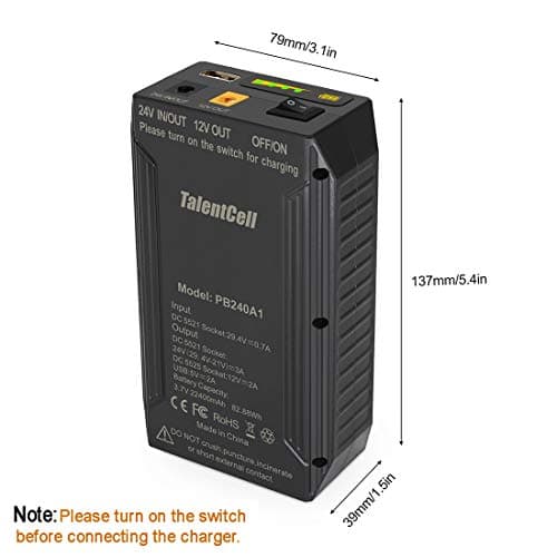 Talentcell 24V Lithium-ion Battery PB240A1, Rechargeable 22400mAh 82.88Wh Li-ion Batteries Pack with Multiple Outputs for LED Strip Lights, CCTV Cameras, Smartphones, and More