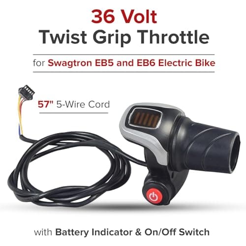 AlveyTech 36V Twist Grip Throttle with Battery Indicator & Switch for Swagtron EB5/6 Electric Bike - Replacement Part, 5