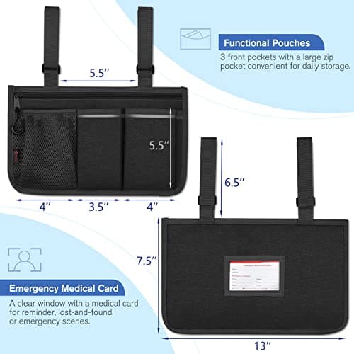 FINPAC Reflective Wheelchair Side Storage Bag with Name Card Slot (Black)