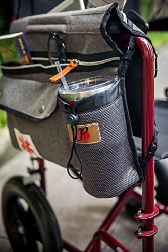 Deluxe Wheelchair Side Pouch Bag (Gray) - Double-Side Cup & Phone Holder