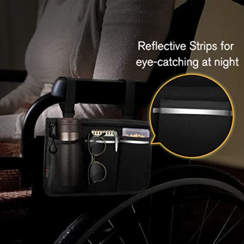 FINPAC Reflective Wheelchair Side Storage Bag with Name Card Slot (Black)
