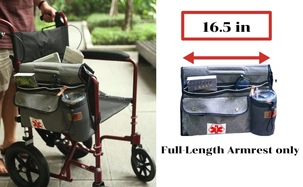 Deluxe Wheelchair Side Pouch Bag (Gray) - Double-Side Cup & Phone Holder