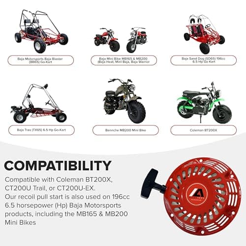 Red Recoil Pull Start - Durable Metal Shell Recoil Starter for 196cc 6.5 Hp Engine - Replacement Accessories for Baja MB165 & MB200, Coleman BT200X, CT200U Trail, & EX Mini Bikes