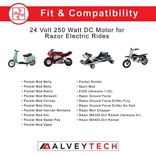 AlveyTech 24V 250W DC Motor for Razor MX350 (Ver. 9+) & More - with Gear Sprocket