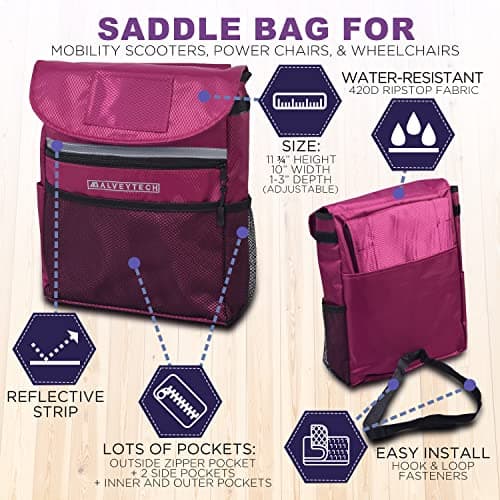 AlveyTech Saddle Bag for Mobility Scooter - Armrest Accessories Holder for Wheelchairs and Electric Scooters