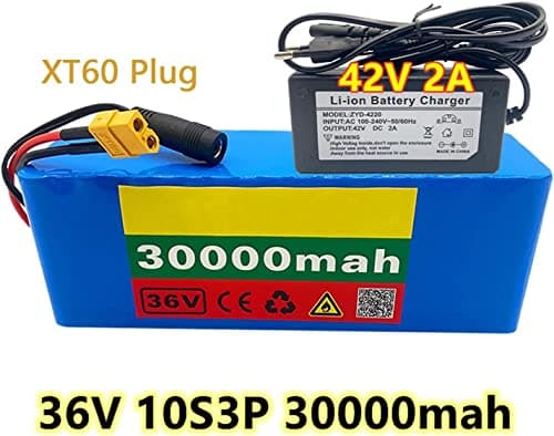 36V 30Ah Rechargeable Lithium-Ion Battery Pack for E-Bikes, 150W-500W Motor, Includes Built-in BMS & Charger