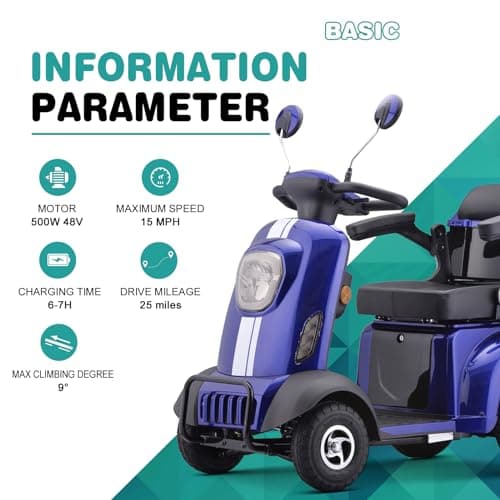 Heavy Duty 4-Wheel Mobility Scooter, 400 lb Capacity, Fully Assembled in US (Blue)