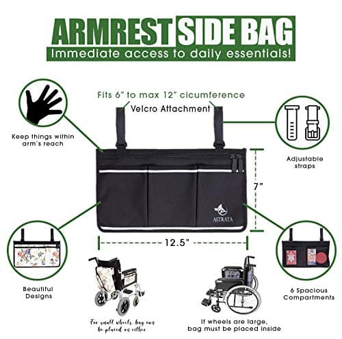 Black Wheelchair Side Bag - Arm Rest Pouch - Organizer Accessories
