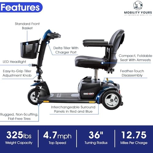 Pride Go Go Sport 3 Wheel Scooter withBasket, Cup Holder & Saddlebag, 18 AH Battery