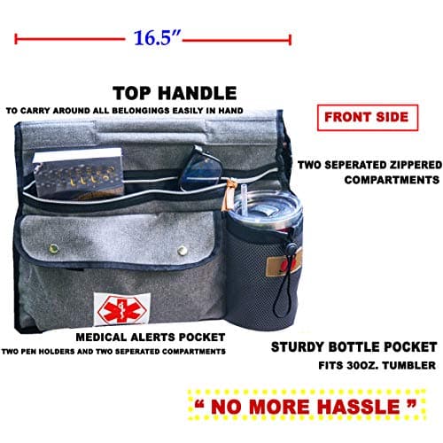 Deluxe Wheelchair Side Pouch Bag (Gray) - Double-Side Cup & Phone Holder