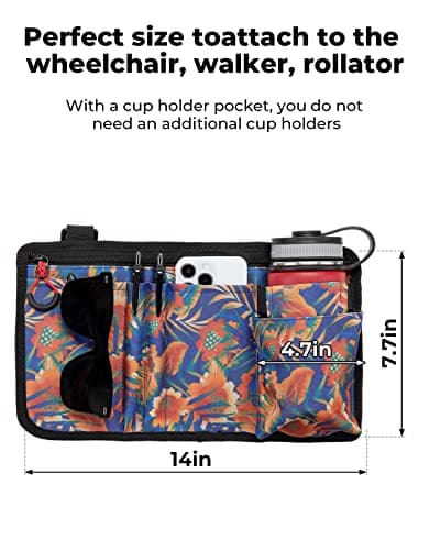 Wheelchair Side Bag with Cup Holder for Walker, Rollator, Scooter or Wheelchair