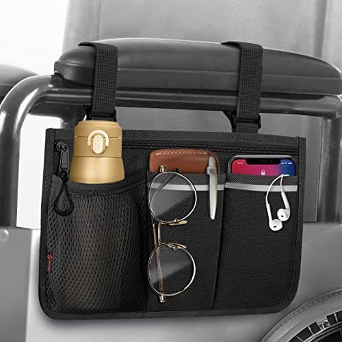 FINPAC Reflective Wheelchair Side Storage Bag with Name Card Slot (Black)