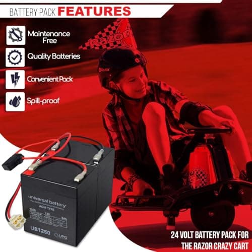 24V 5 Ah Battery Pack for Razor Crazy Cart and DLX with Harness - 12V SLA/AGM Batteries and Wiring Kit for Kids Electric Kart