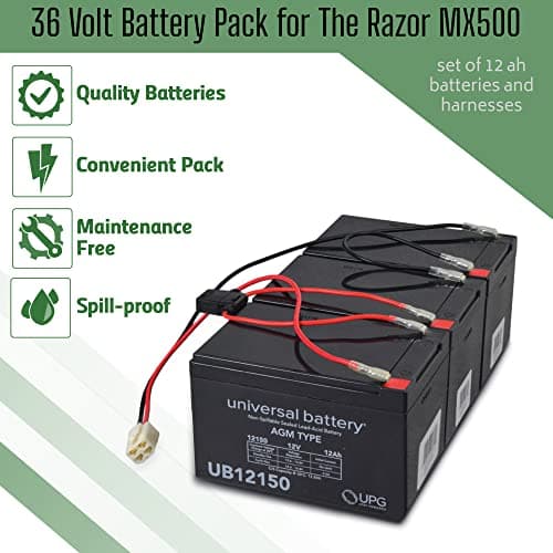 AlveyTech 36V 12 Ah Battery Pack for Razor MX500 - Replacement Batteries Set for Electric Power Motor