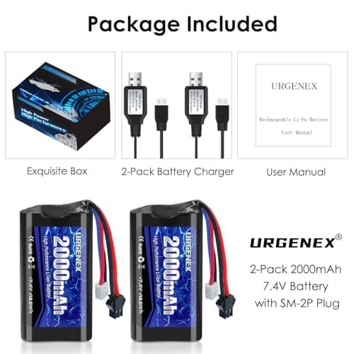URGENEX 2000mAh 7.4V 2S Li-ion Battery 2 Pack for H101 RC Boats with USB Charges
