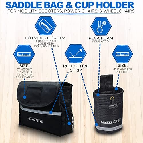 AlveyTech Mobility Scooter Saddle Bag & Cup Holder Combo (Black/Black)