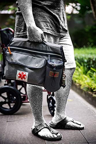 Deluxe Wheelchair Side Pouch Bag (Gray) - Double-Side Cup & Phone Holder