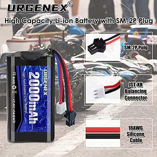 URGENEX 2000mAh 7.4V 2S Li-ion Battery 2 Pack for H101 RC Boats with USB Charges