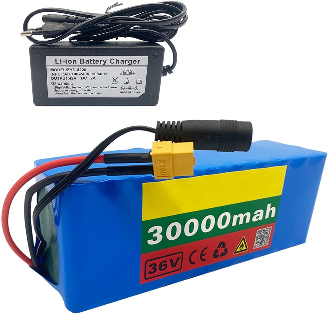 36V 30Ah Rechargeable Lithium-Ion Battery Pack for E-Bikes, 150W-500W Motor, Includes Built-in BMS & Charger