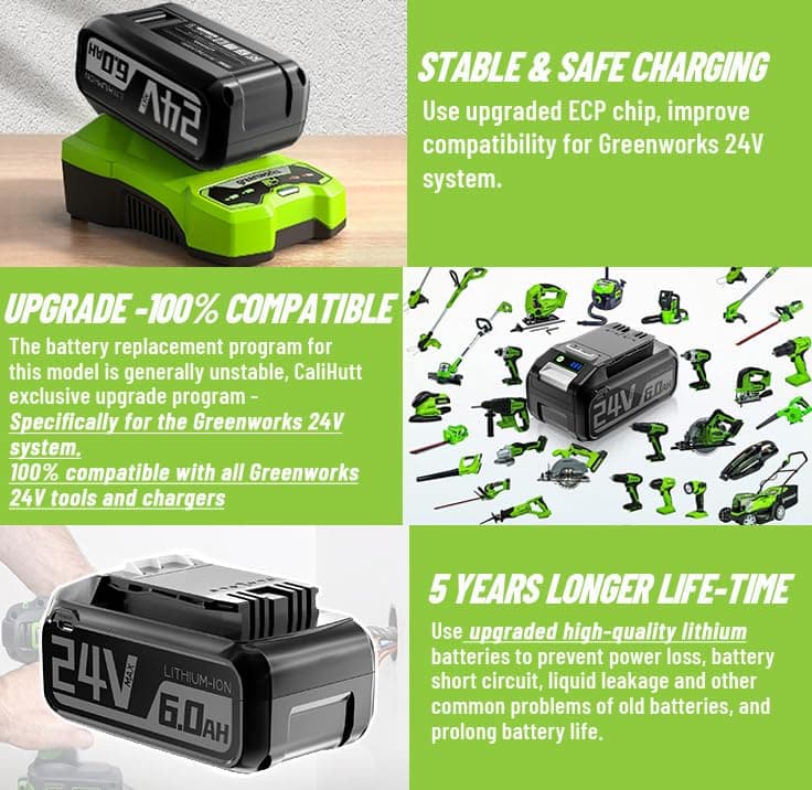 Calihutt 24V 6.0Ah Lithium Ion Battery Replacement for Greenworks 29842, 29852, 29322, 20352, 22232, 2508302 Cordless To