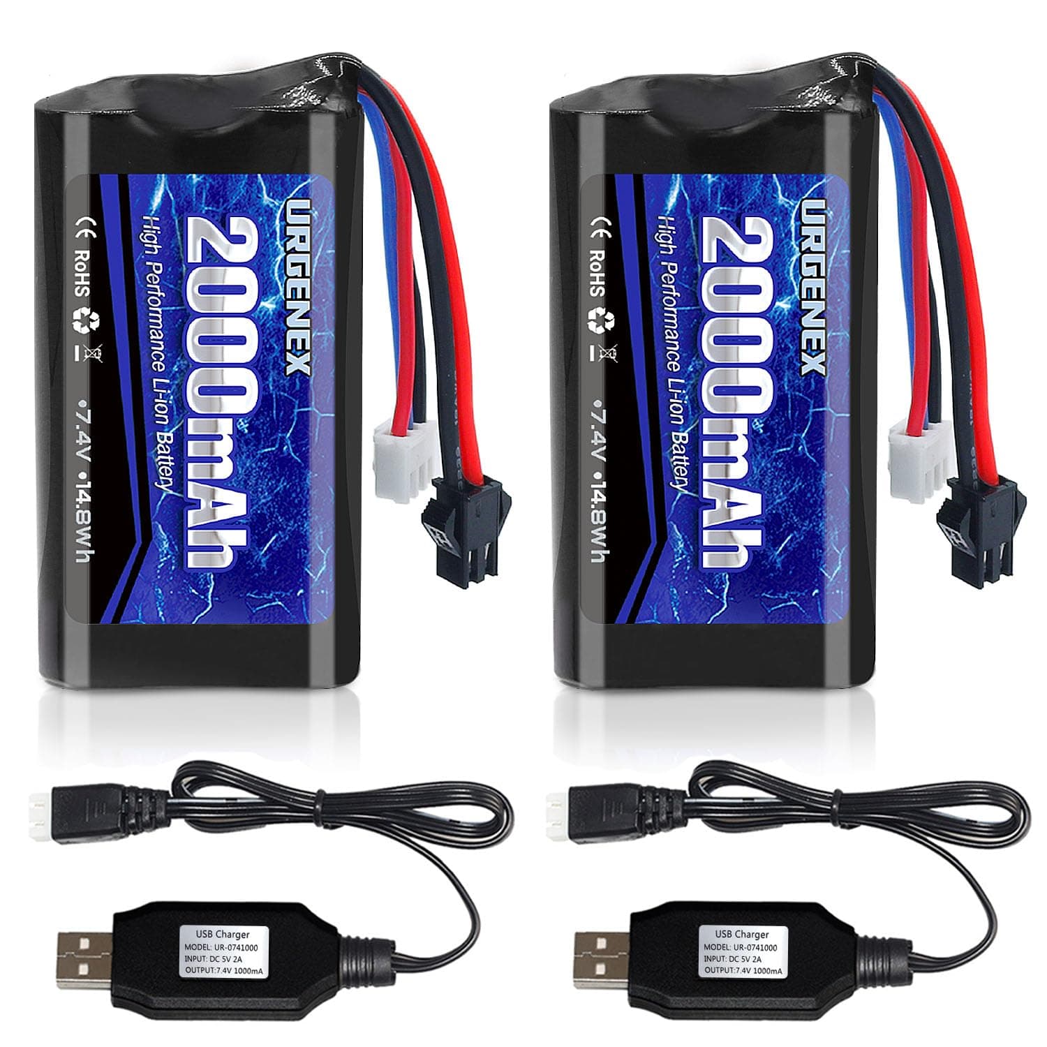 URGENEX 2000mAh 7.4V 2S Li-ion Battery 2 Pack for H101 RC Boats with USB Charges