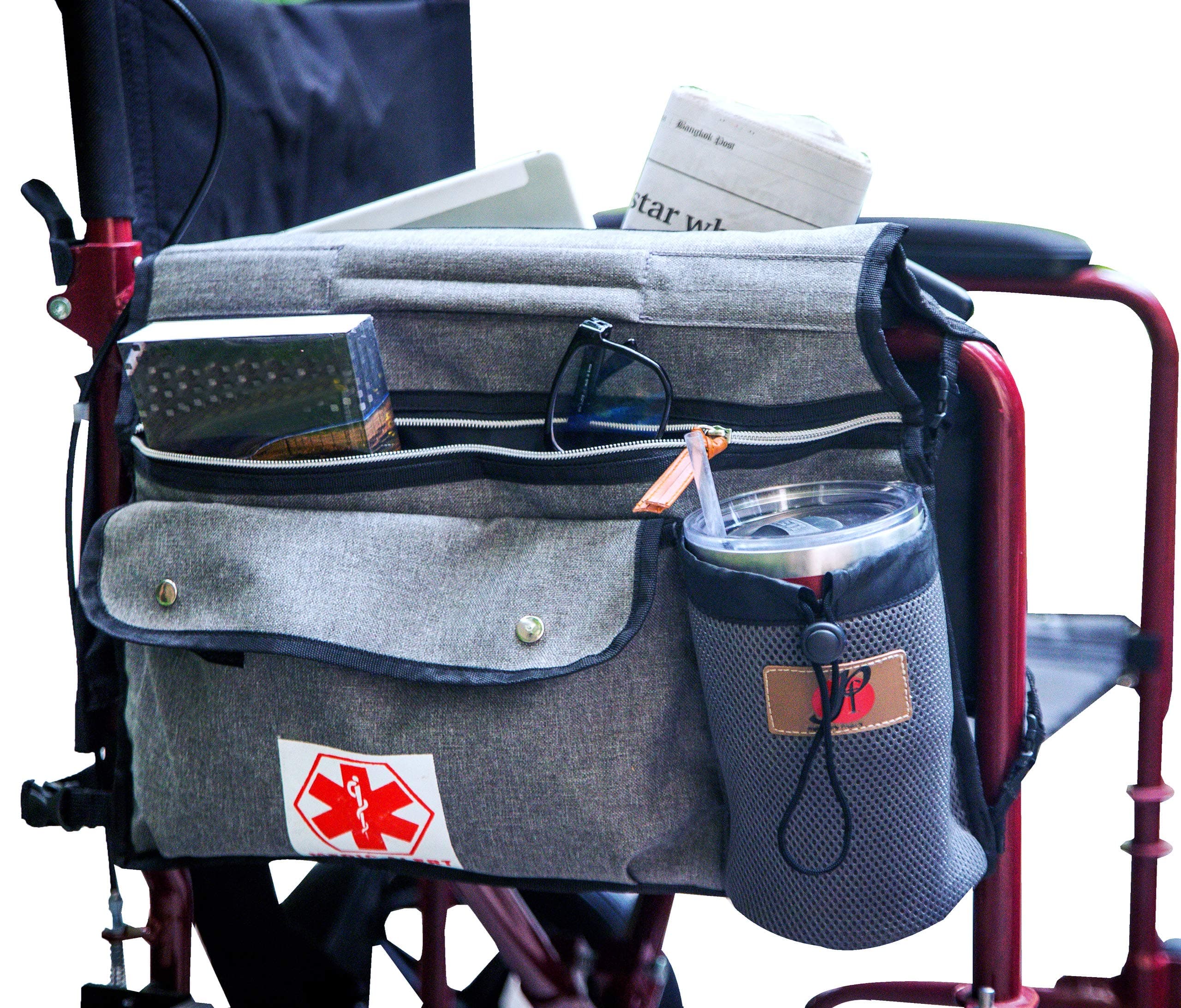 Deluxe Wheelchair Side Pouch Bag (Gray) - Double-Side Cup & Phone Holder